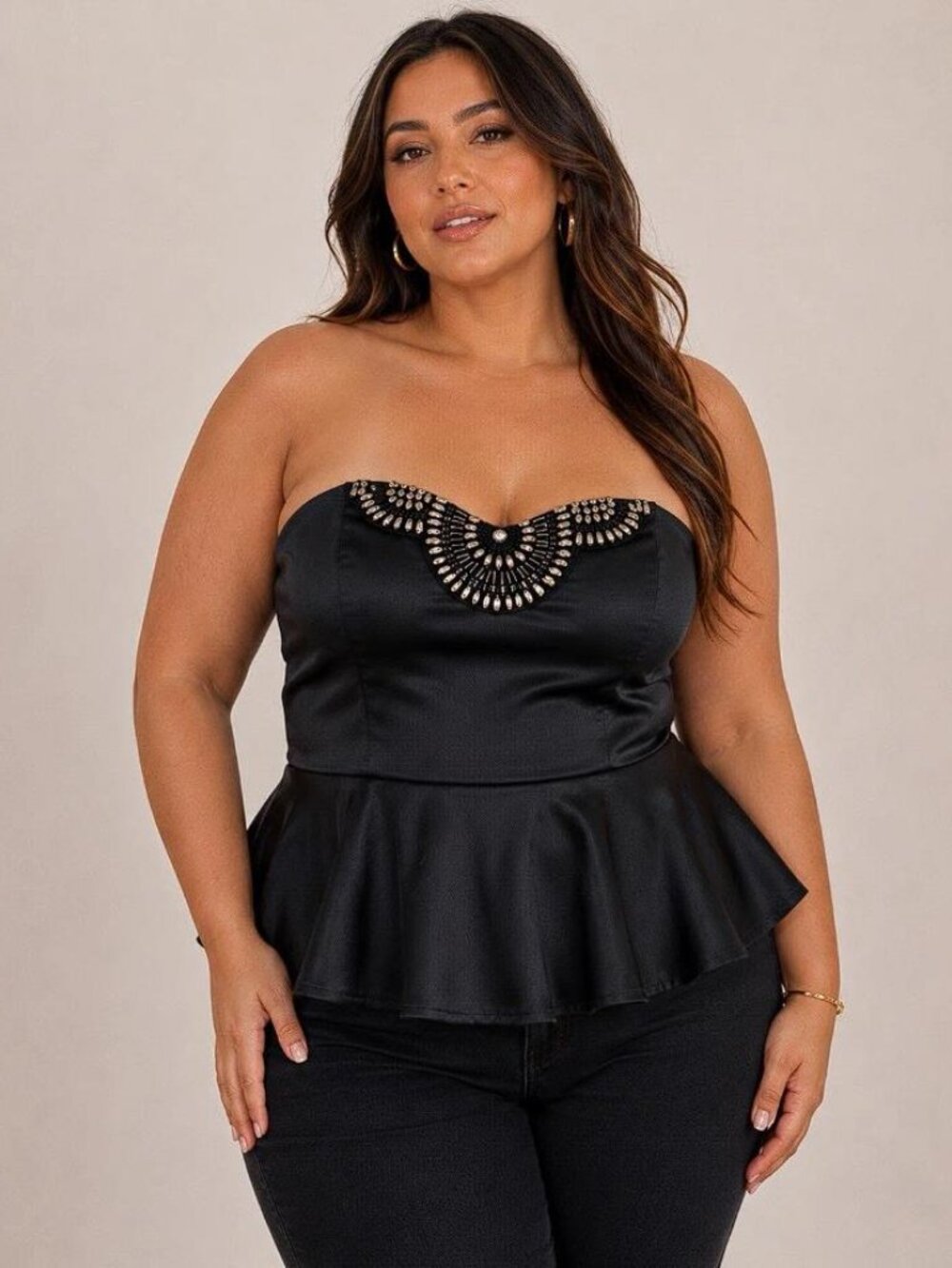 XOXO Women's Beaded Strapless Peplum Top Size L In Black